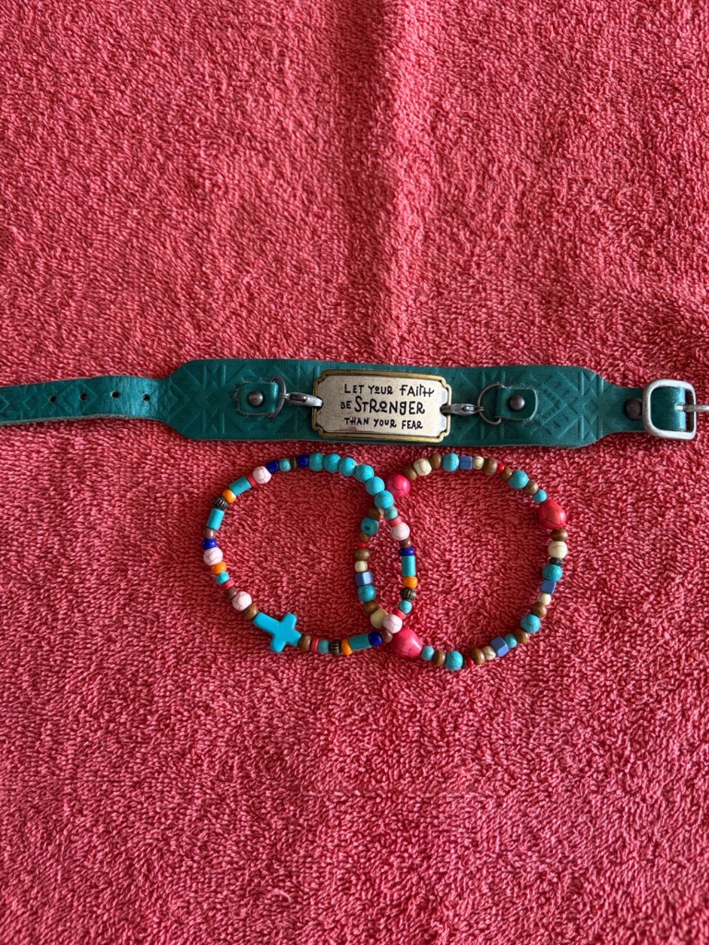 Kids Inspirational Teal Leather Bracelet with Multicolor Bead Stretch Bracelets
